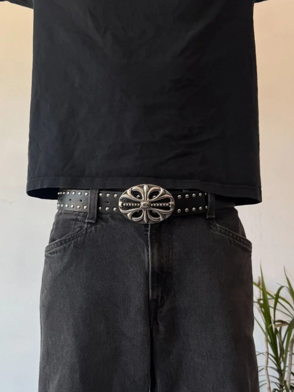 Black Faux Leather Studded Silver Cross Buckle Belt